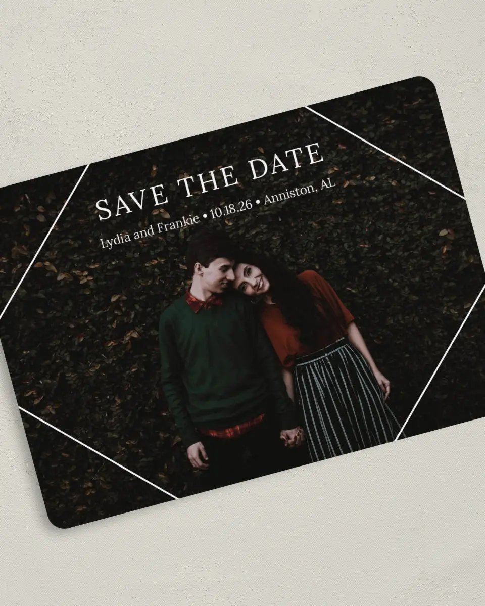 This is a 5" x 7" Save the Date Card called Intertwined Diamond printed in full color on Premium Smooth paper