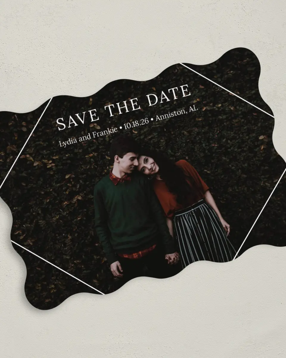 This is a 5" x 7" Save the Date Card called Intertwined Diamond printed in full color on Premium Smooth paper