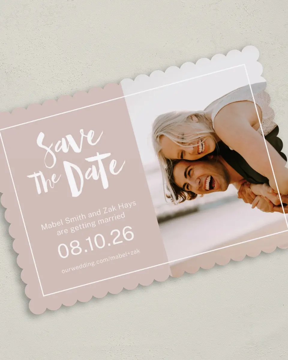 This is a 5" x 7" Save the Date Card called A Perfect Fit printed in full color on Premium Smooth paper