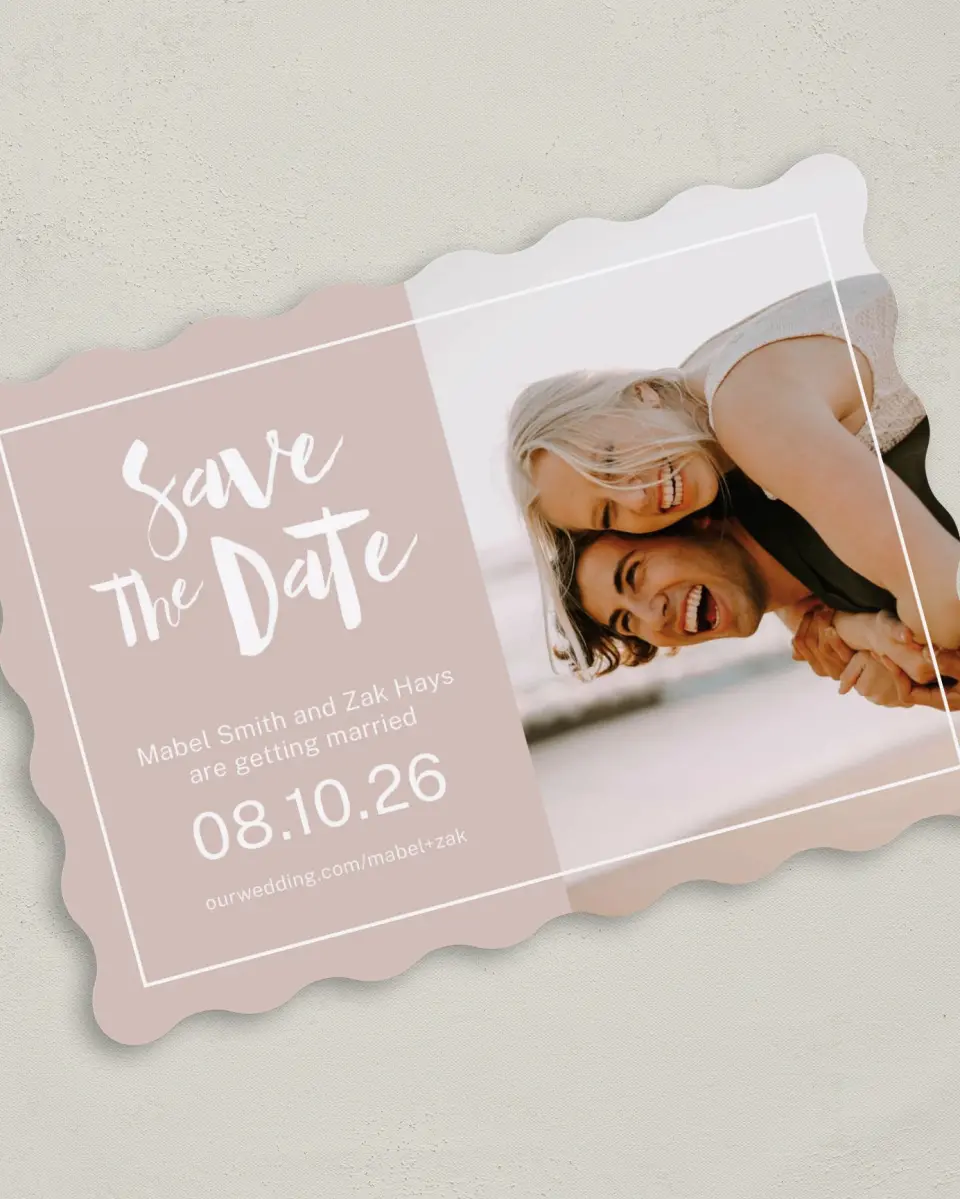 This is a 5" x 7" Save the Date Card called A Perfect Fit printed in full color on Premium Smooth paper