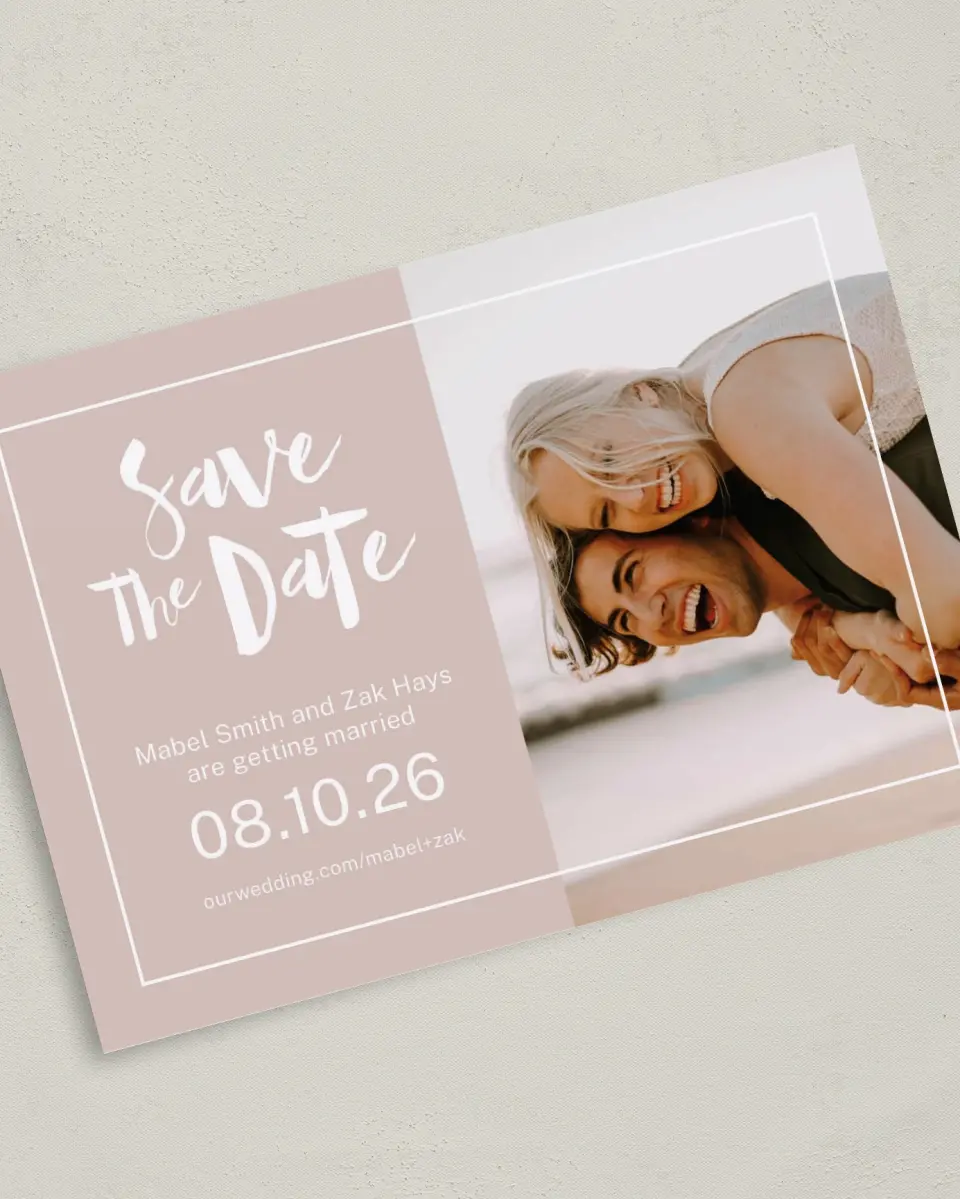 This is a 5" x 7" Save the Date Card called A Perfect Fit printed in full color on Premium Smooth paper