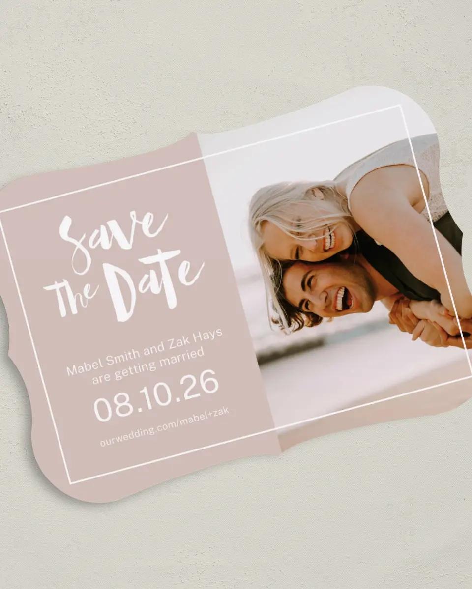 This is a 5" x 7" Save the Date Card called A Perfect Fit printed in full color on Premium Smooth paper