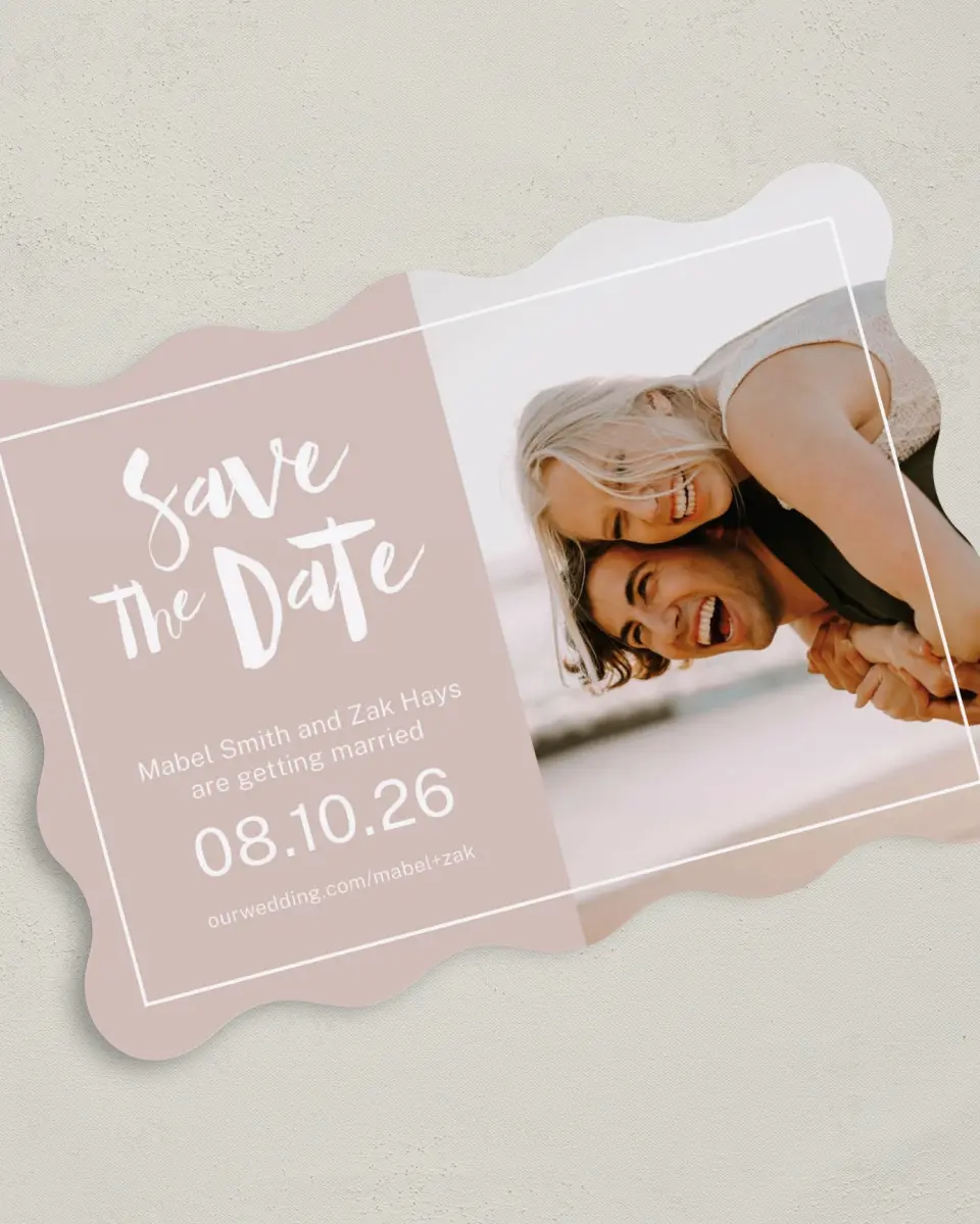 This is a 5" x 7" Save the Date Card called A Perfect Fit printed in full color on Premium Smooth paper