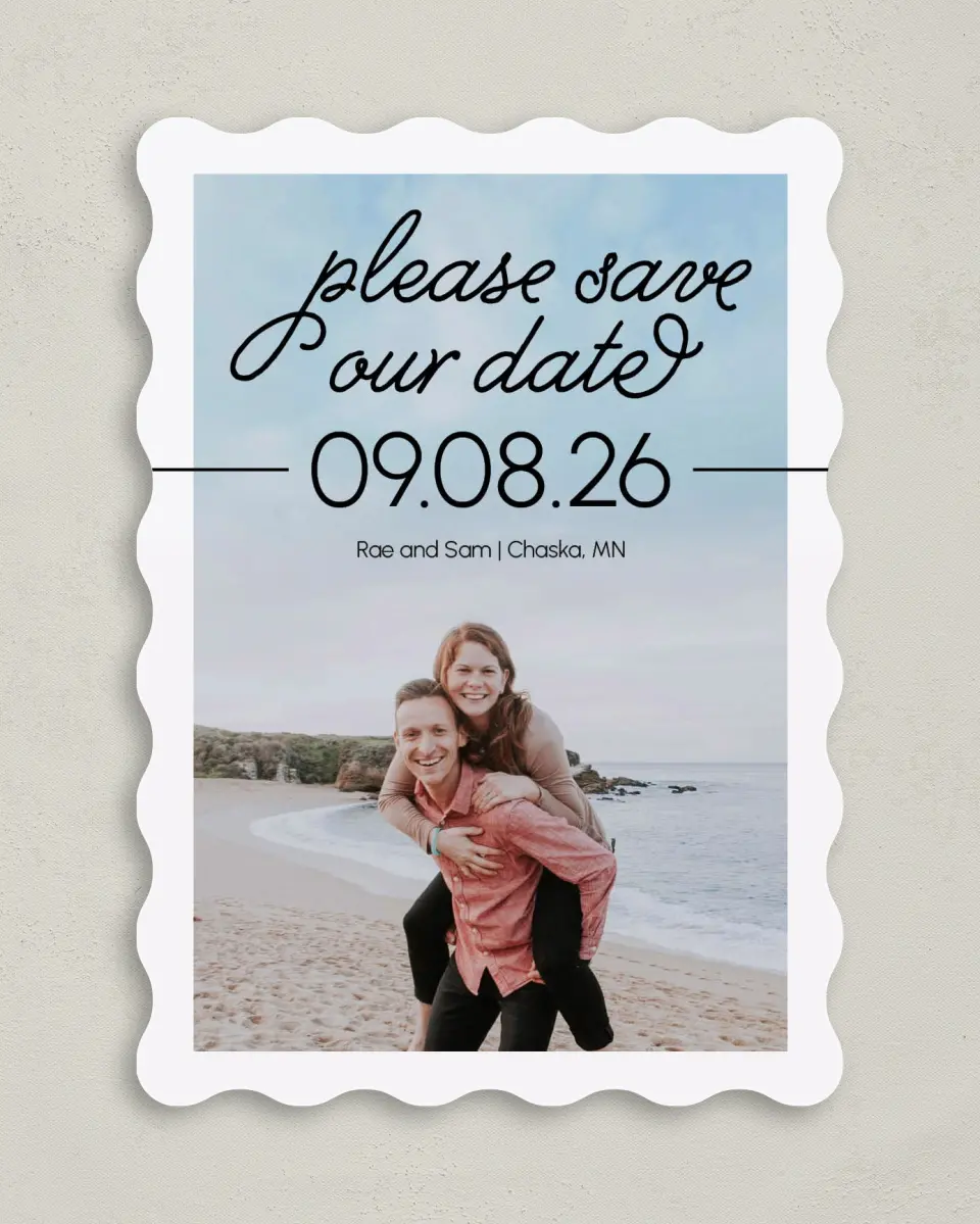 This is a 5" x 7" Save the Date Card called Dreamy Moment printed in full color on Premium Smooth paper
