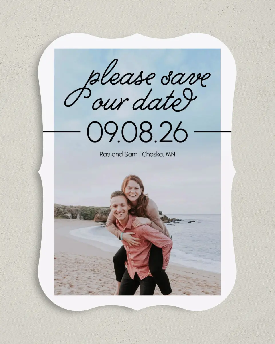 This is a 5" x 7" Save the Date Card called Dreamy Moment printed in full color on Premium Smooth paper