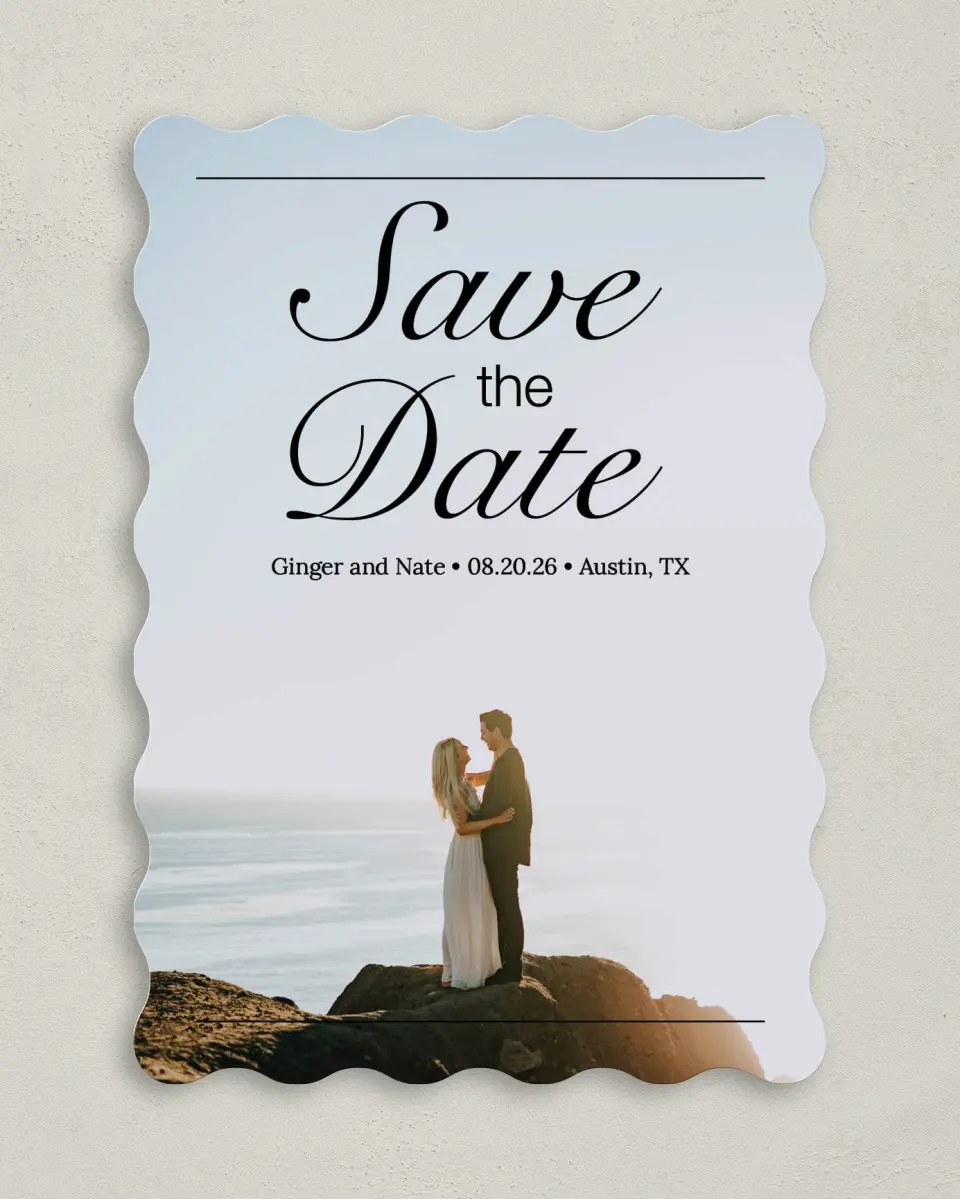 This is a 5" x 7" Save the Date Card called On Top of the World printed in full color on Premium Smooth paper