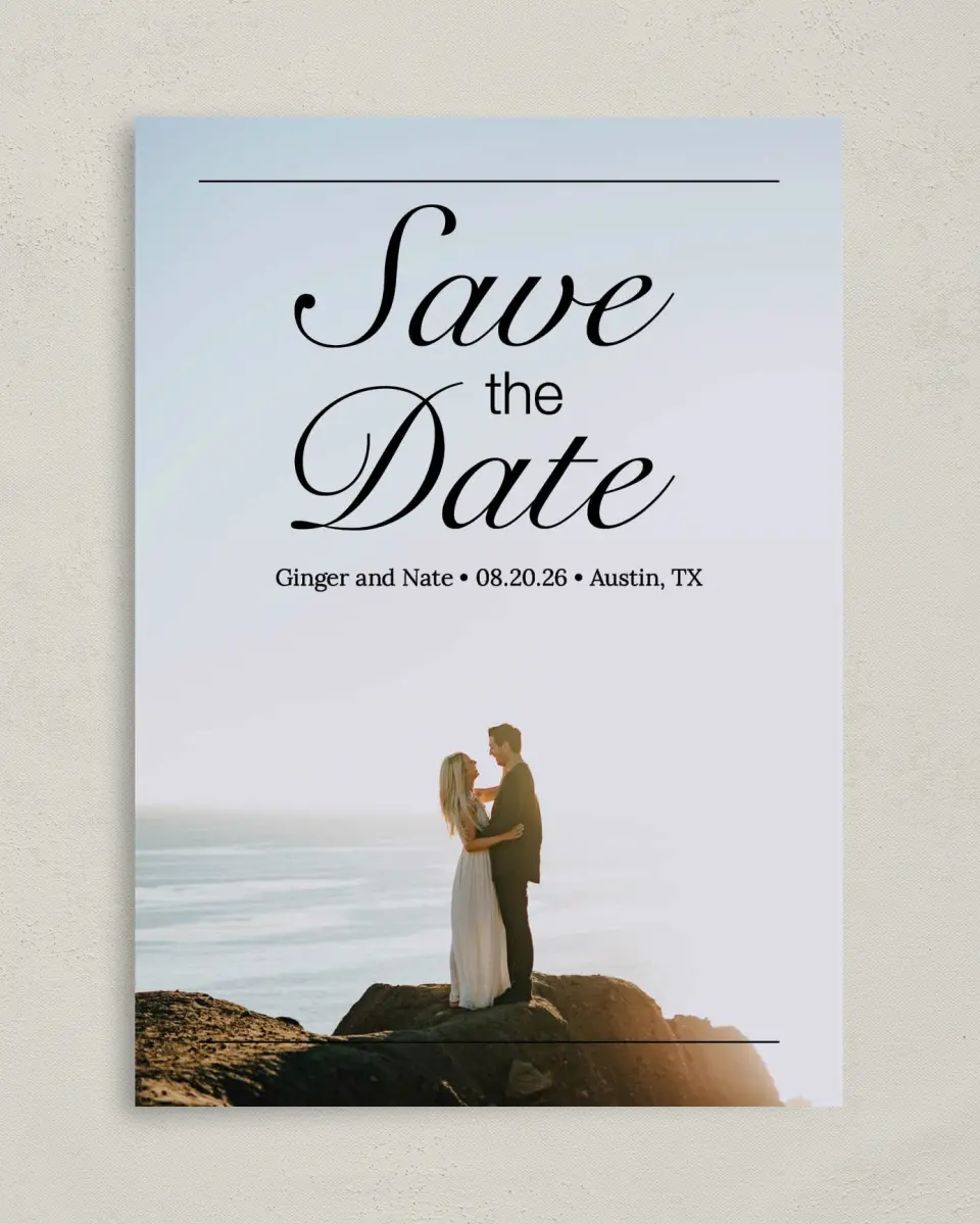 This is a 5" x 7" Save the Date Card called On Top of the World printed in full color on Premium Smooth paper
