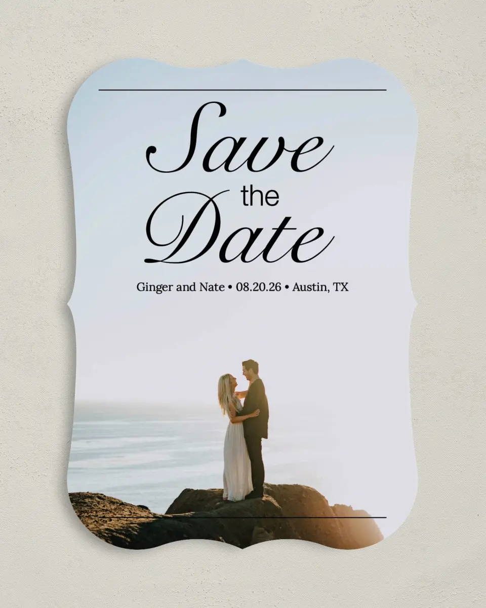 This is a 5" x 7" Save the Date Card called On Top of the World printed in full color on Premium Smooth paper