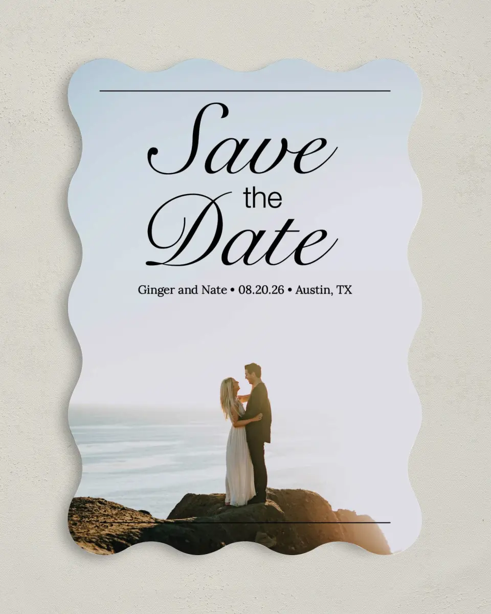 This is a 5" x 7" Save the Date Card called On Top of the World printed in full color on Premium Smooth paper