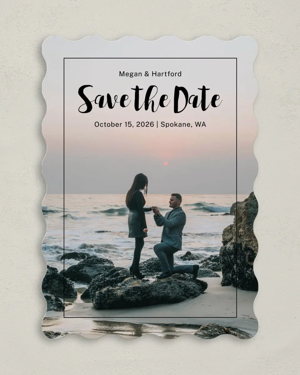 This is a 5" x 7" Save the Date Card called Tranquil Moment printed in full color on Premium Smooth paper