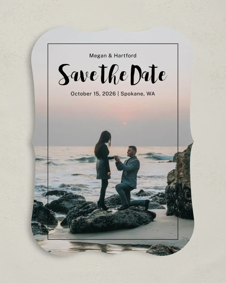 This is a 5" x 7" Save the Date Card called Tranquil Moment printed in full color on Premium Smooth paper