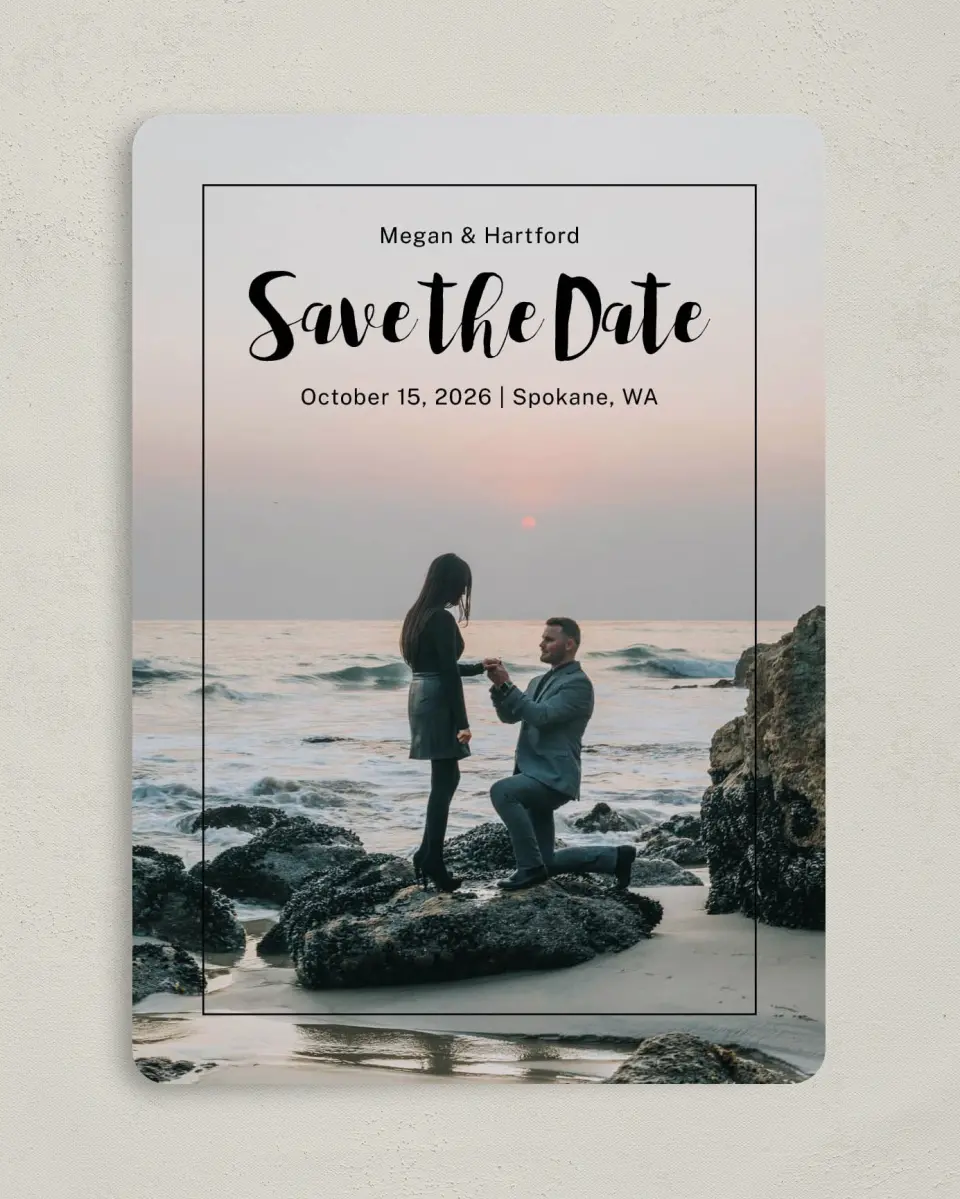 This is a 5" x 7" Save the Date Card called Tranquil Moment printed in full color on Premium Smooth paper