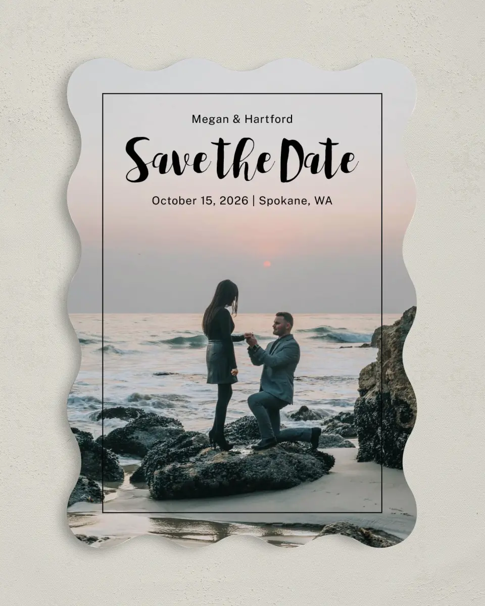 This is a 5" x 7" Save the Date Card called Tranquil Moment printed in full color on Premium Smooth paper