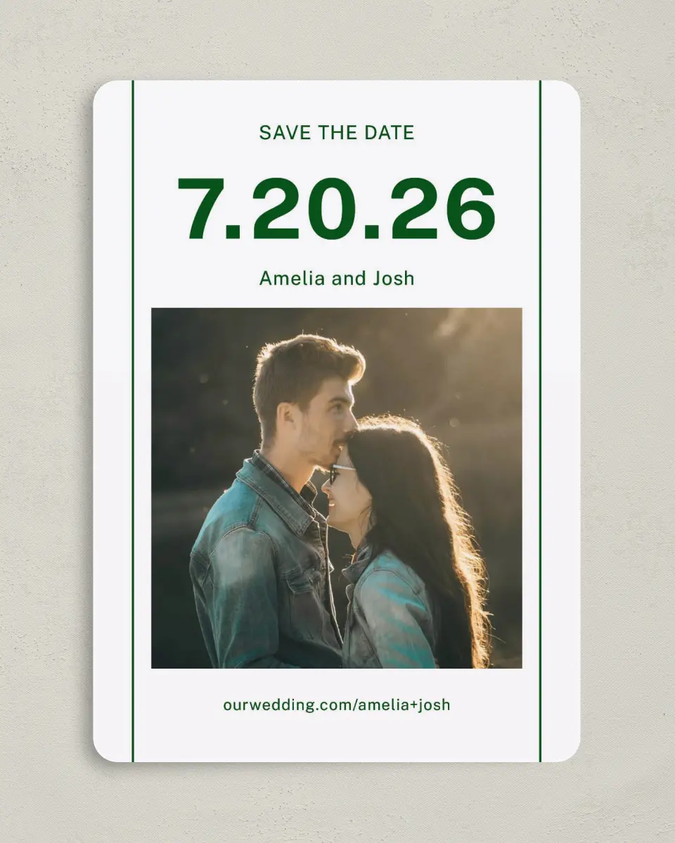 This is a 5" x 7" Save the Date Card called Standout Date printed in full color on Premium Smooth paper