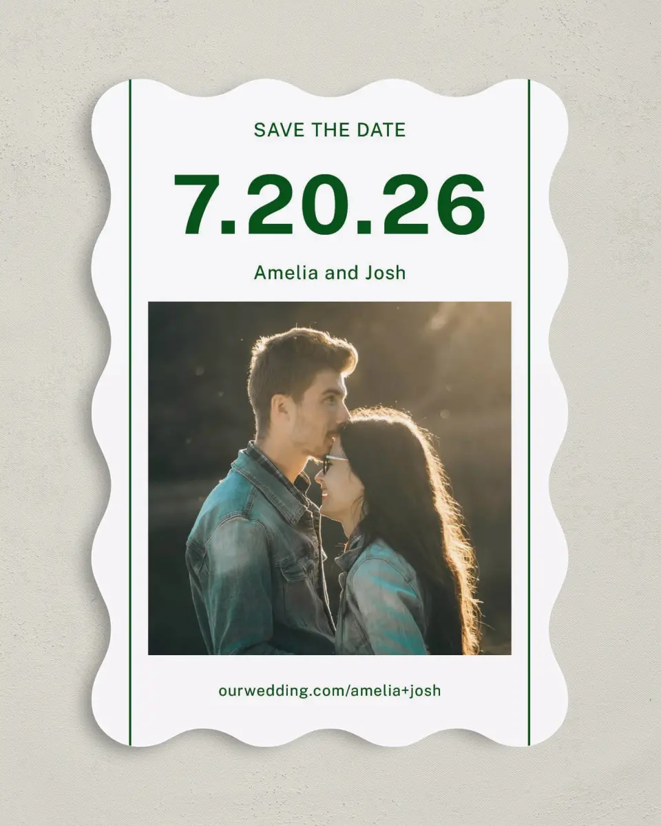 This is a 5" x 7" Save the Date Card called Standout Date printed in full color on Premium Smooth paper