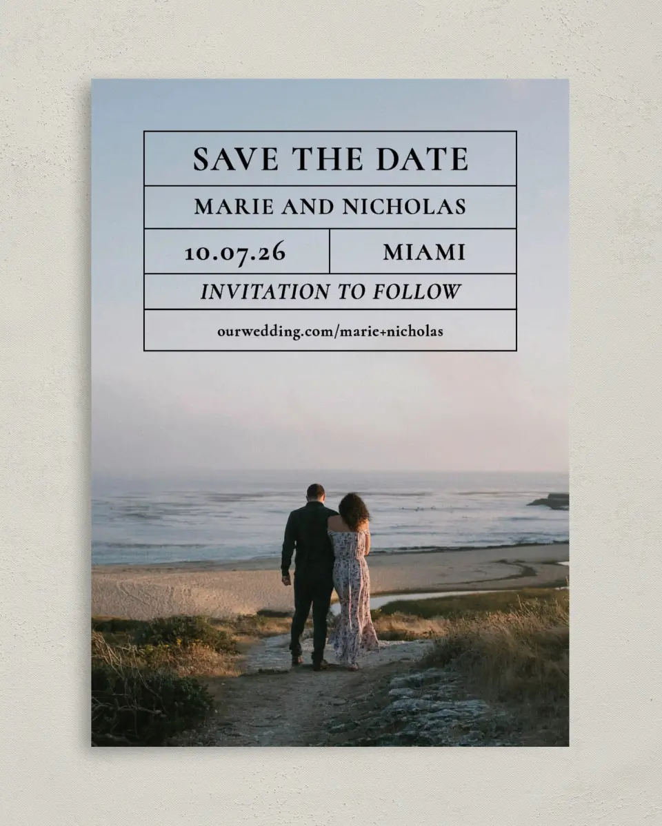 This is a 5" x 7" Save the Date Card called Headliner Love printed in full color on Premium Smooth paper