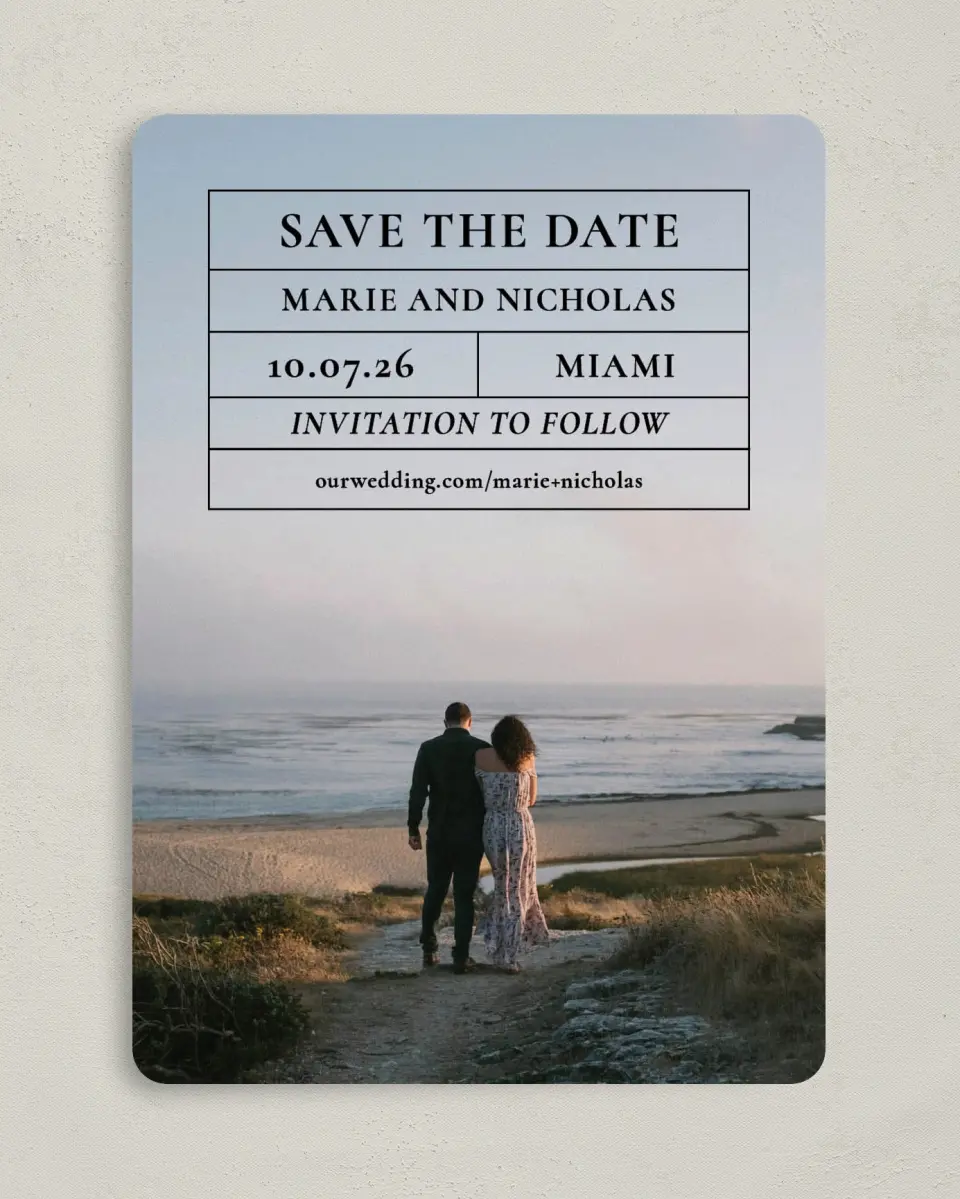 This is a 5" x 7" Save the Date Card called Headliner Love printed in full color on Premium Smooth paper