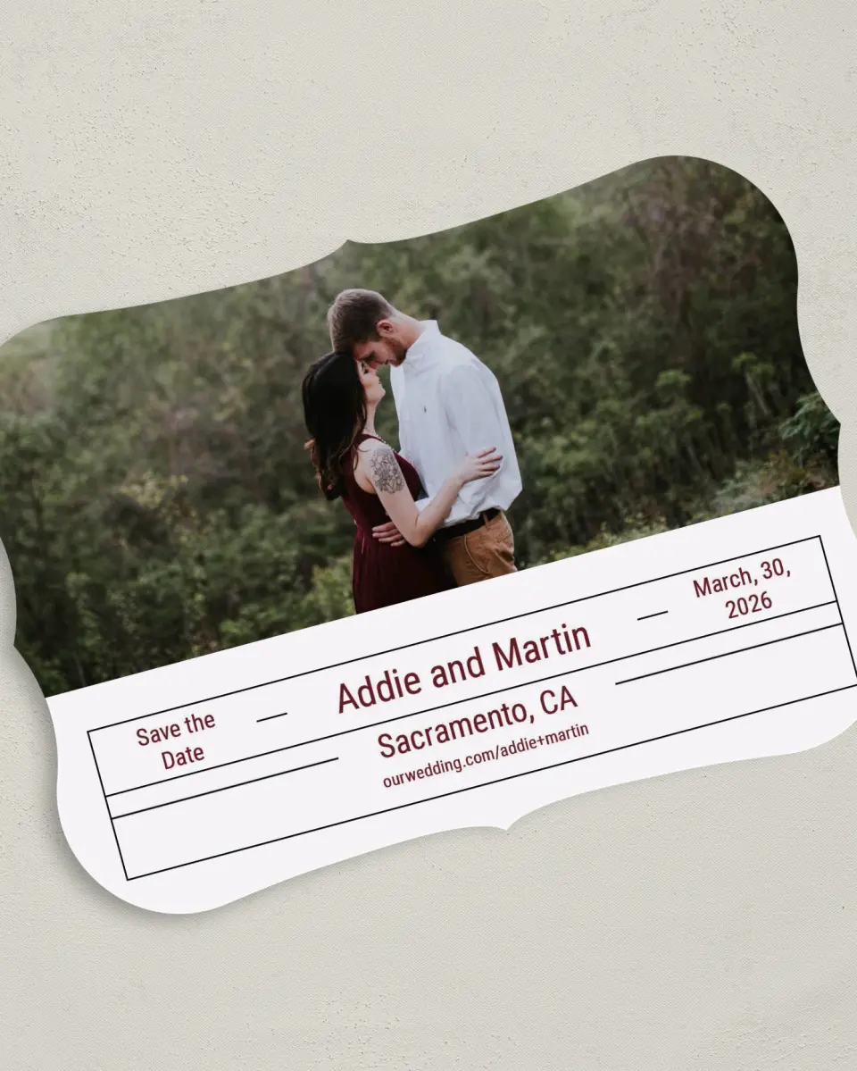 This is a 5" x 7" Save the Date Card called Simply Devoted printed in full color on Premium Smooth paper