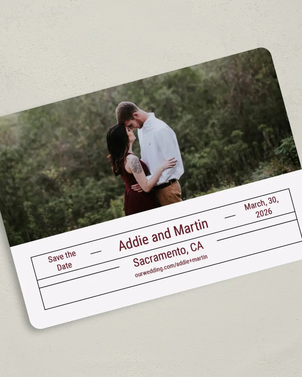 This is a 5" x 7" Save the Date Card called Simply Devoted printed in full color on Premium Smooth paper