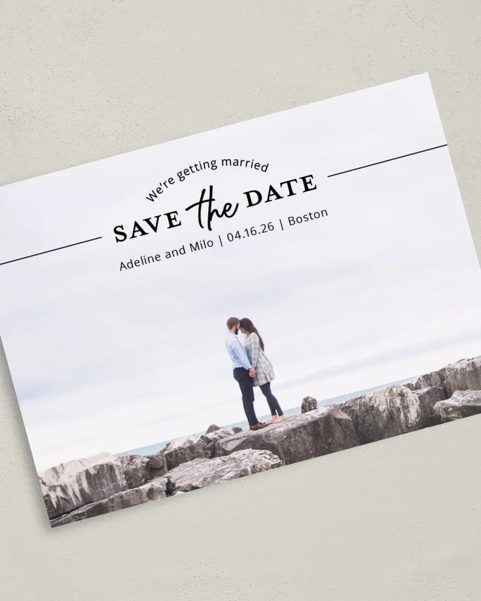 This is a 5" x 7" Save the Date Card called Rock Solid printed in full color on Premium Smooth paper