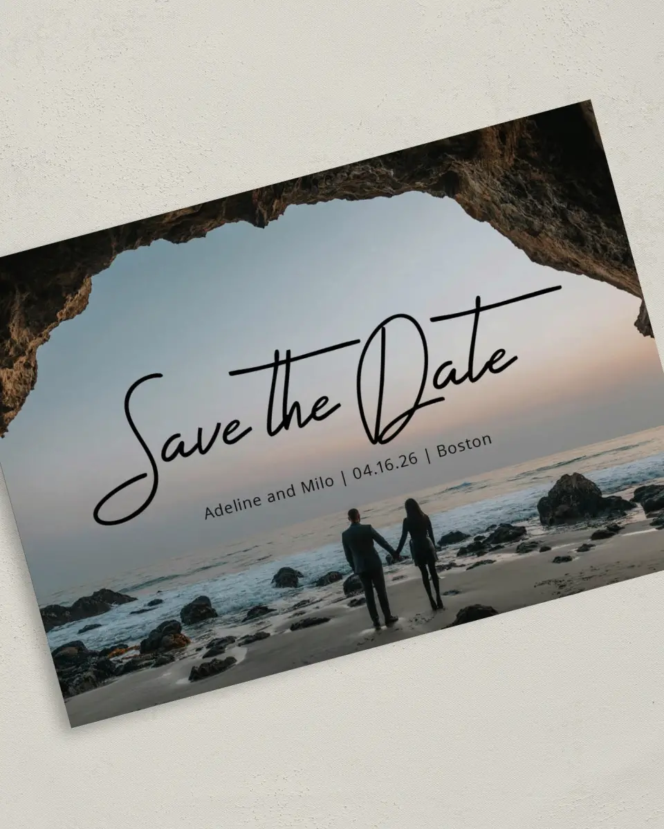 This is a 5" x 7" Save the Date Card called Hidden Cove printed in full color on Premium Smooth paper