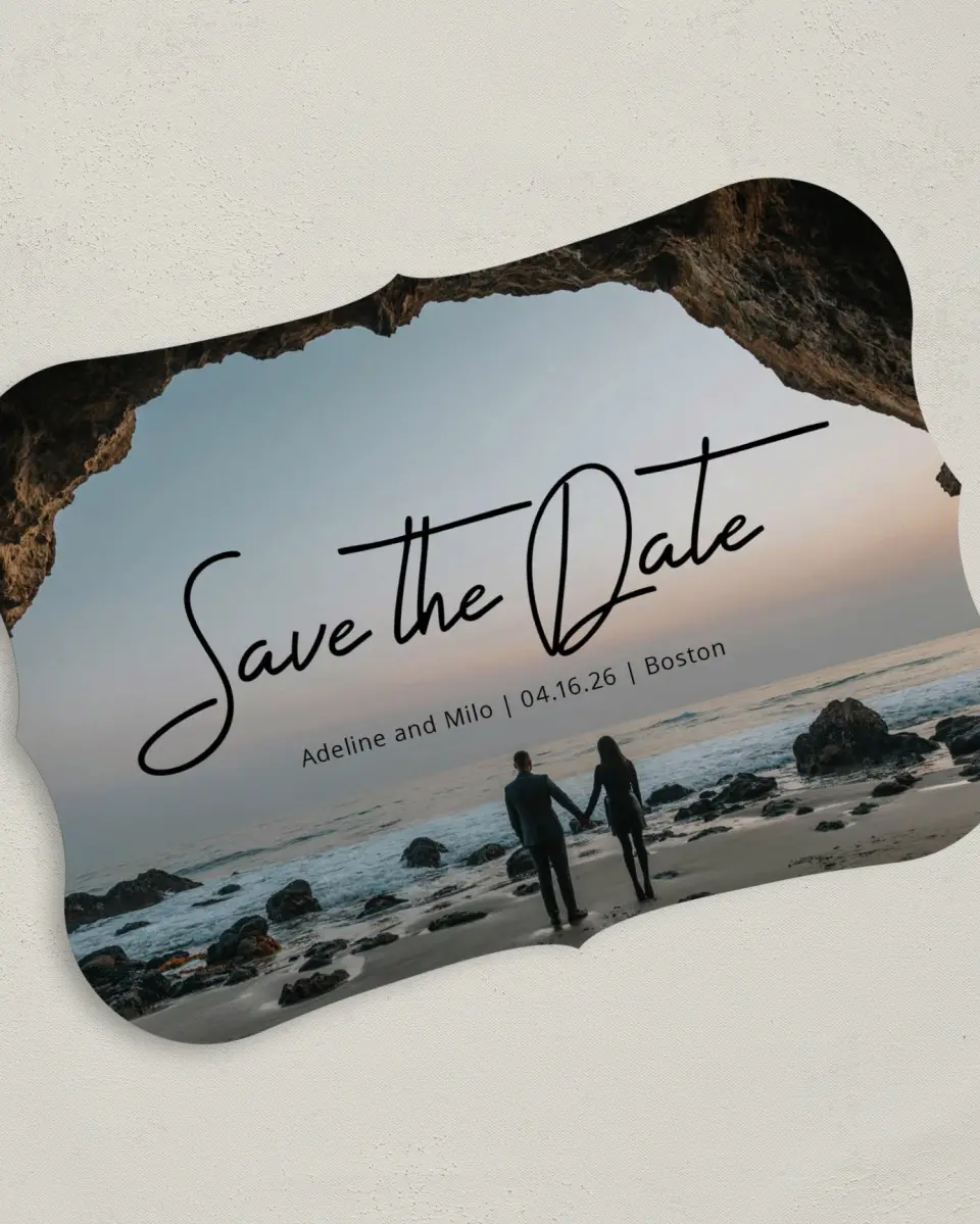 This is a 5" x 7" Save the Date Card called Hidden Cove printed in full color on Premium Smooth paper