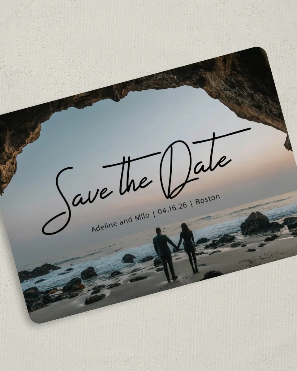 This is a 5" x 7" Save the Date Card called Hidden Cove printed in full color on Premium Smooth paper