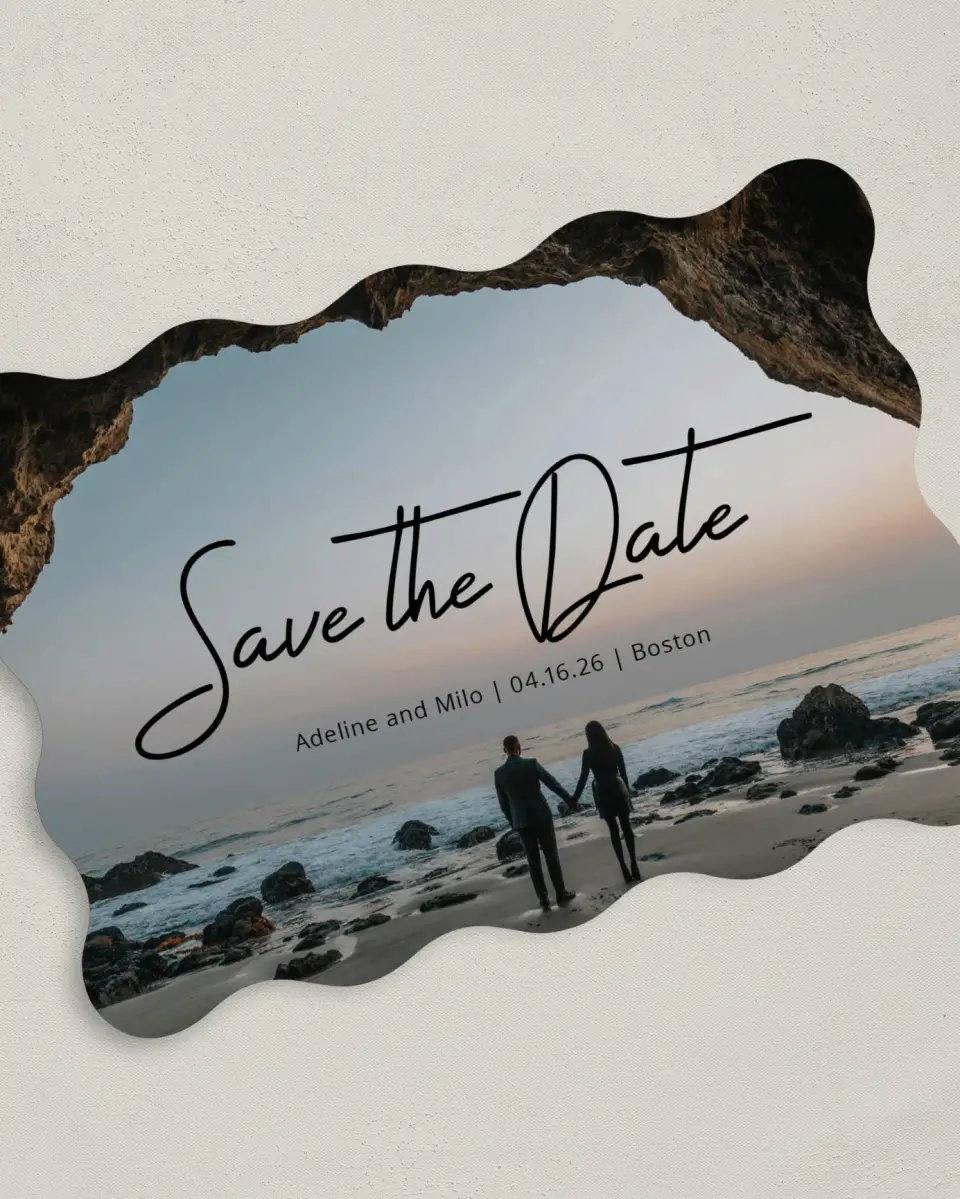 This is a 5" x 7" Save the Date Card called Hidden Cove printed in full color on Premium Smooth paper
