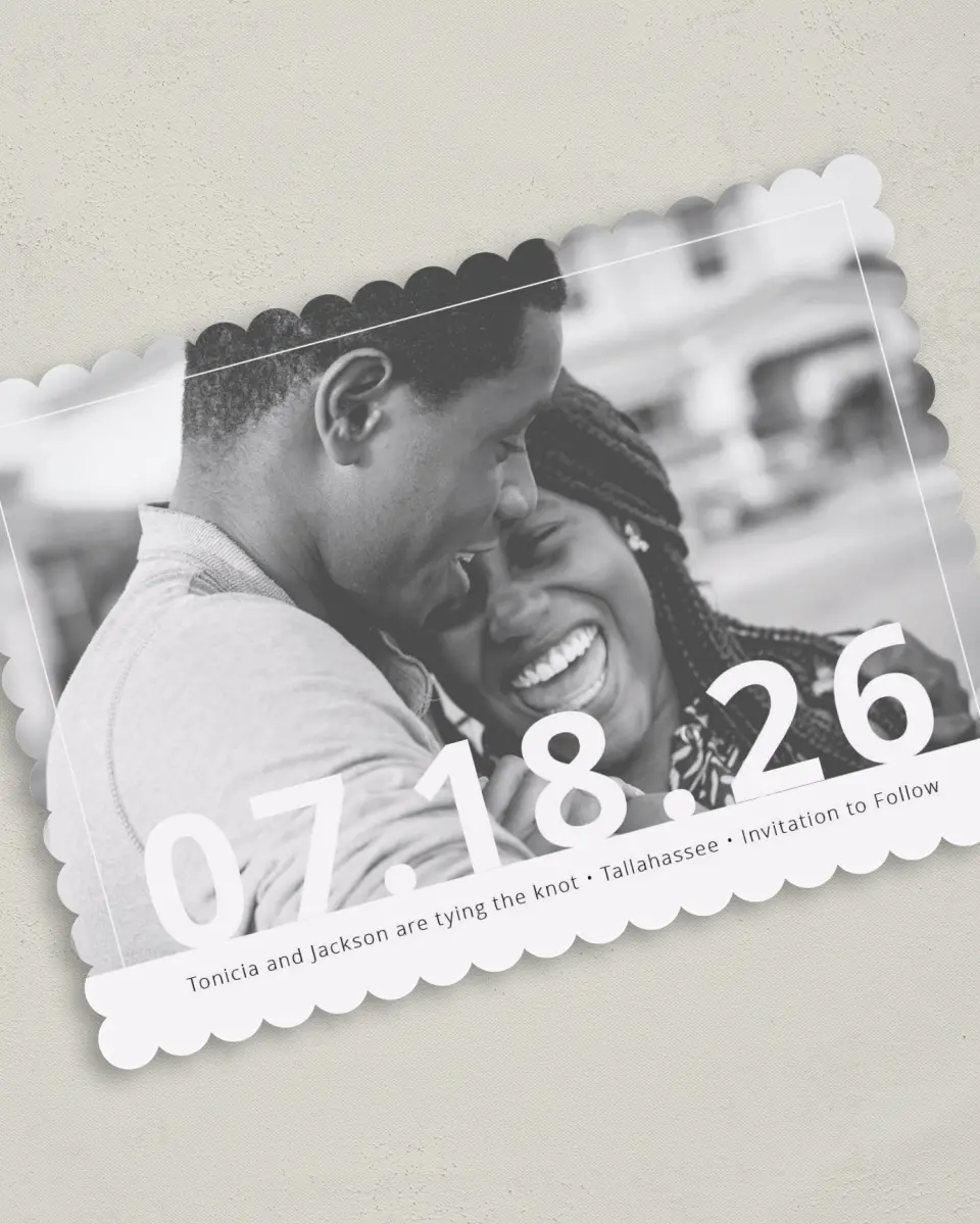 This is a 5" x 7" Save the Date Card called Now + Forever printed in full color on Premium Smooth paper