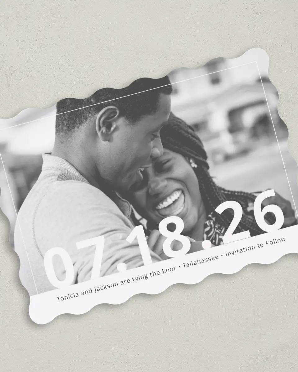 This is a 5" x 7" Save the Date Card called Now + Forever printed in full color on Premium Smooth paper