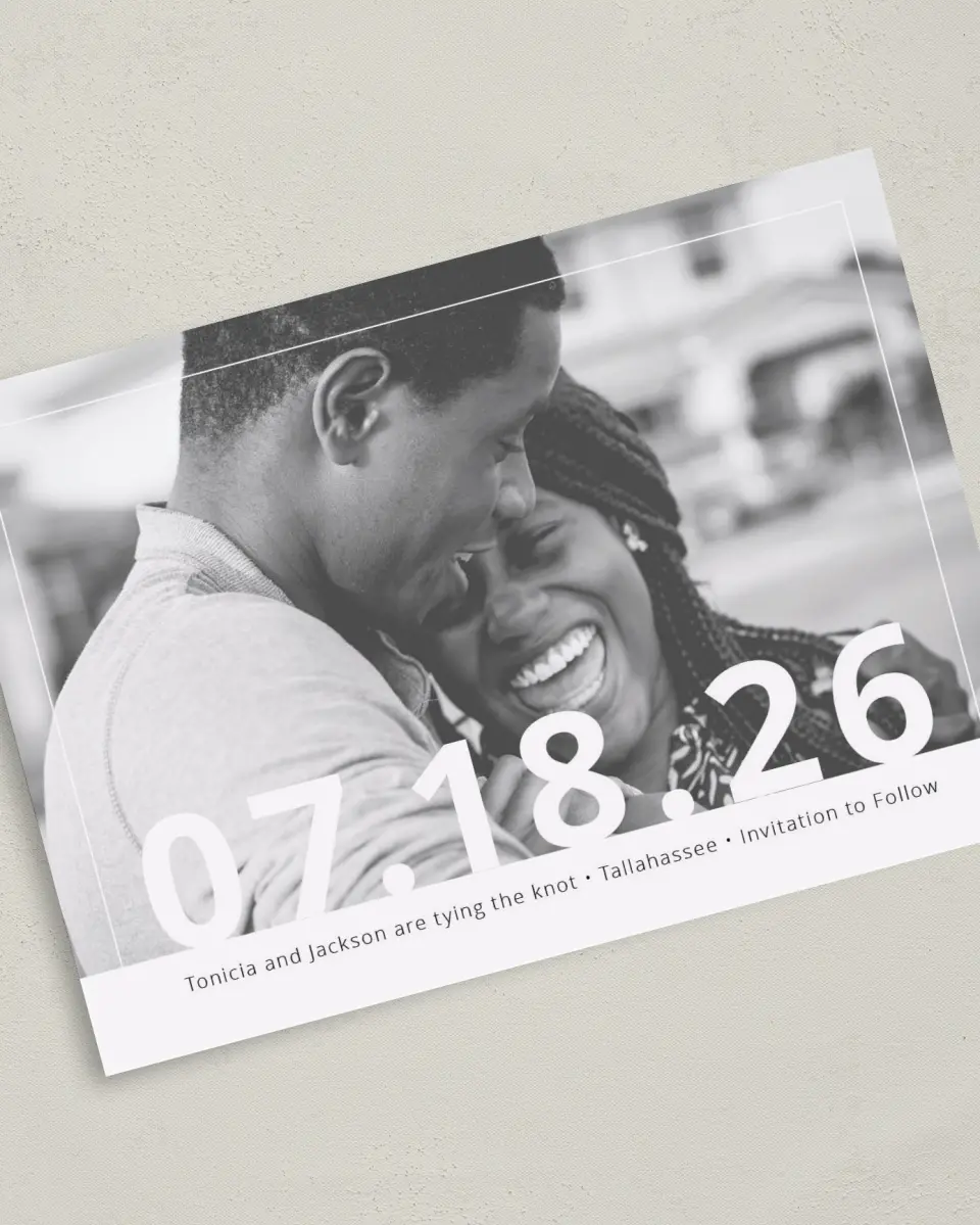 This is a 5" x 7" Save the Date Card called Now + Forever printed in full color on Premium Smooth paper