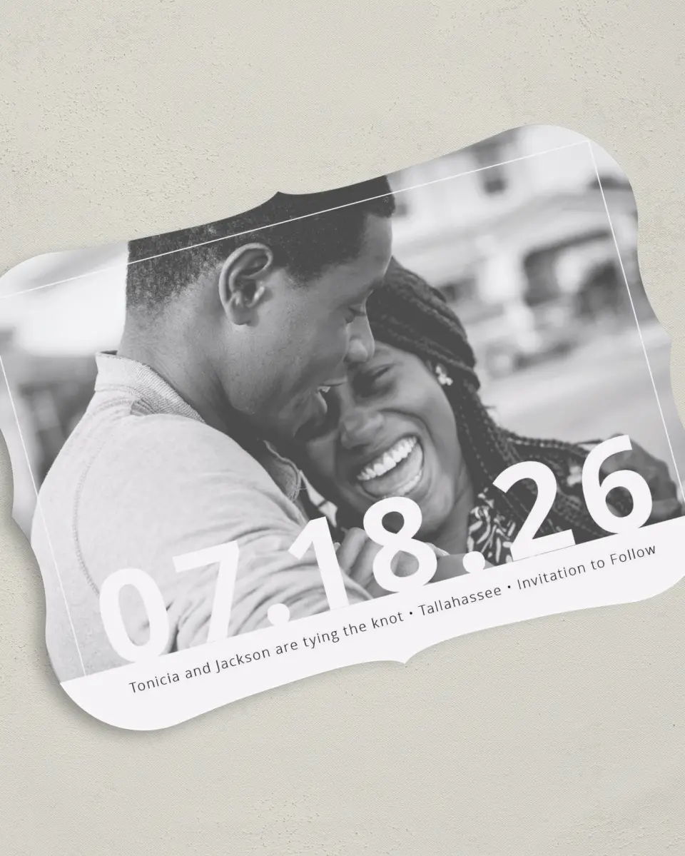 This is a 5" x 7" Save the Date Card called Now + Forever printed in full color on Premium Smooth paper