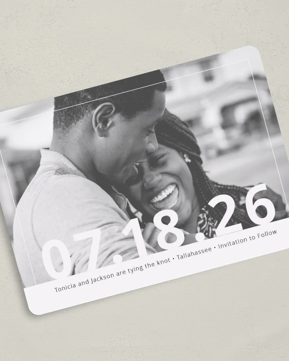 This is a 5" x 7" Save the Date Card called Now + Forever printed in full color on Premium Smooth paper