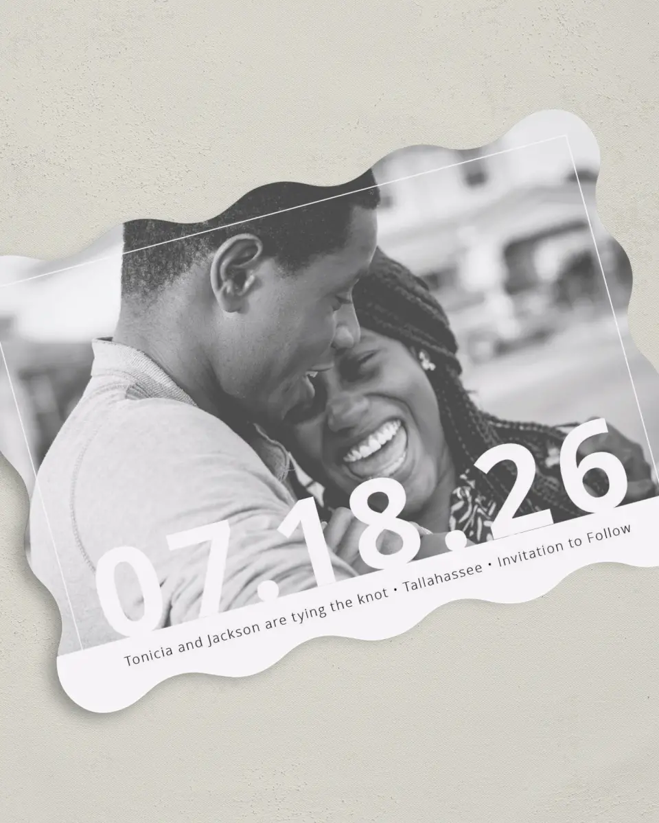 This is a 5" x 7" Save the Date Card called Now + Forever printed in full color on Premium Smooth paper
