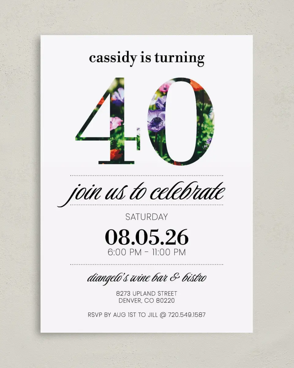 This is a 5" x 7" Birthday Party Invitation called Happy Day! printed in full color on Premium Smooth paper