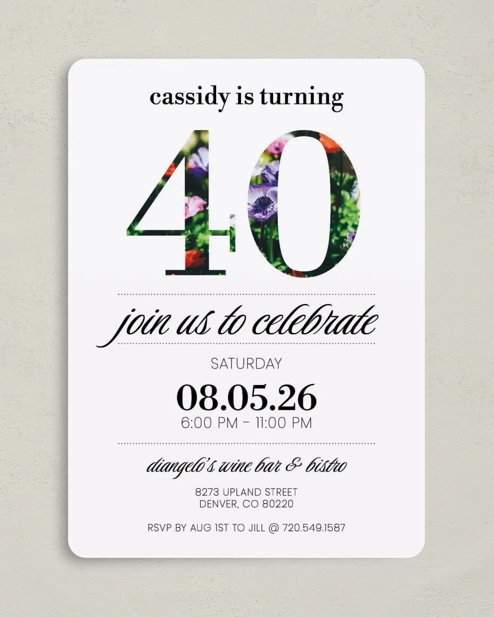 This is a 5" x 7" Birthday Party Invitation called Happy Day! printed in full color with Gold foil on Luxe Satin (coated) paper