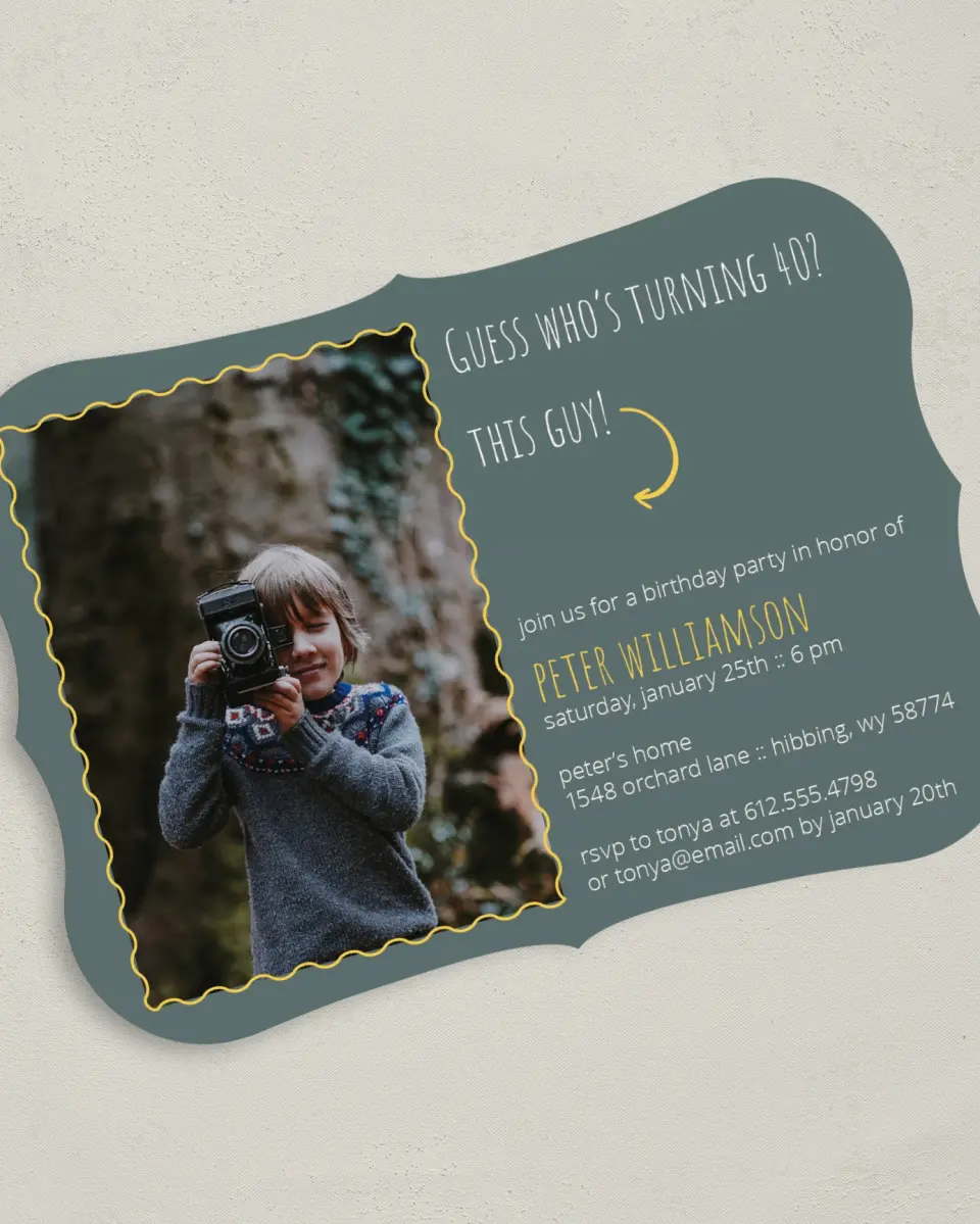 This is a 5" x 7" Birthday Party Invitation called Guess Who printed in full color with Gold foil on Luxe Satin (coated) paper