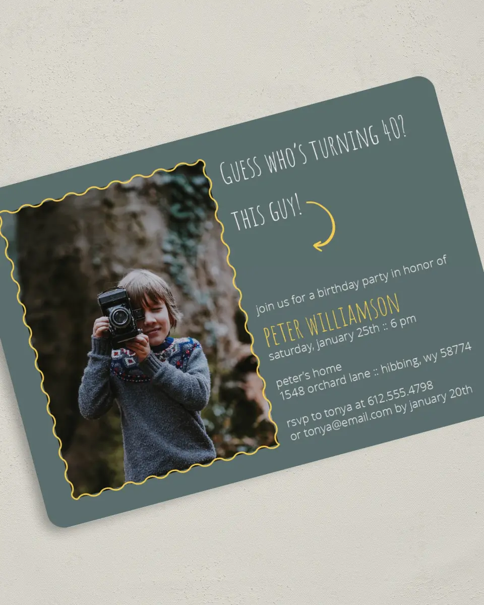 This is a 5" x 7" Birthday Party Invitation called Guess Who printed in full color with Gold foil on Luxe Satin (coated) paper