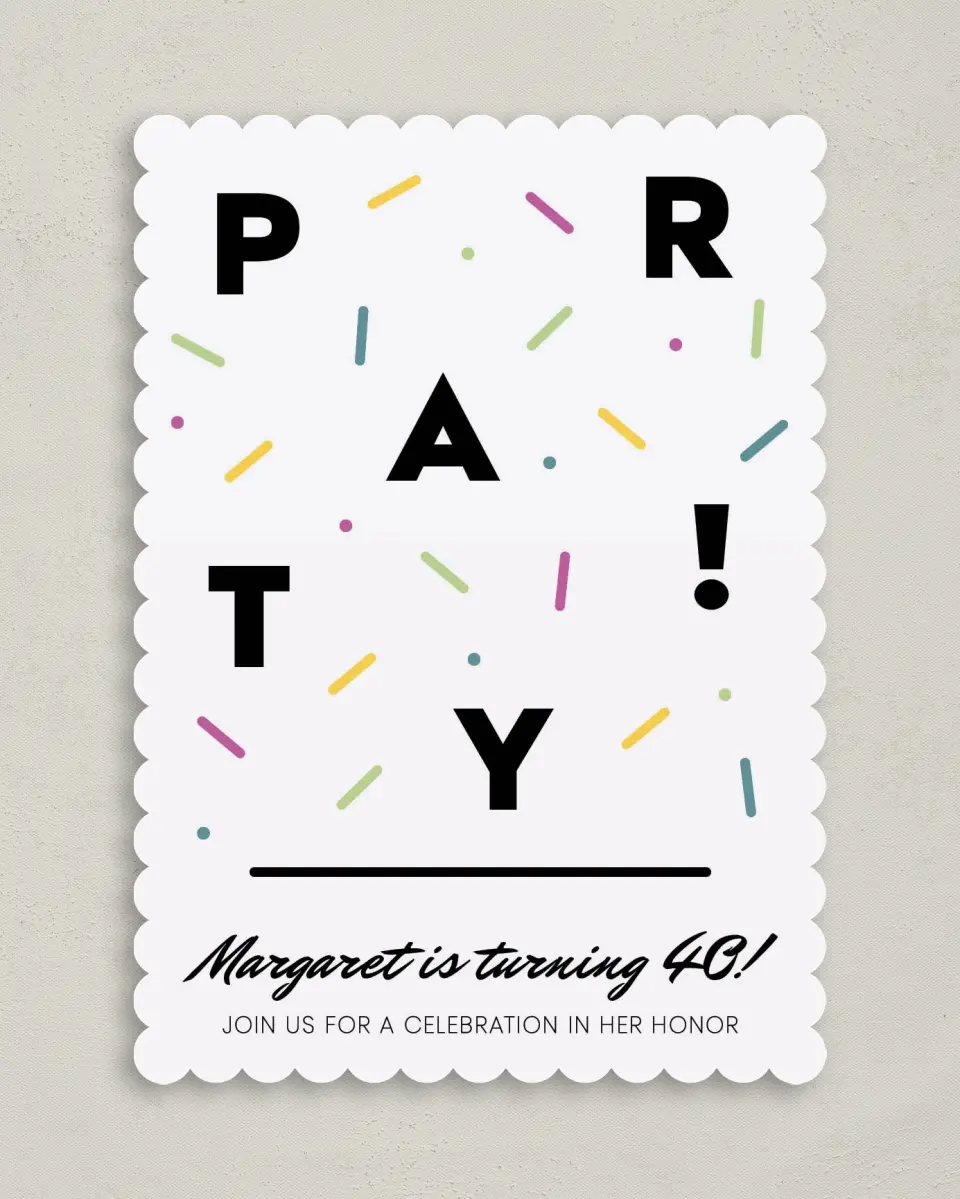 This is a 5" x 7" Birthday Party Invitation called Par-Tay! printed in full color on Premium Smooth paper