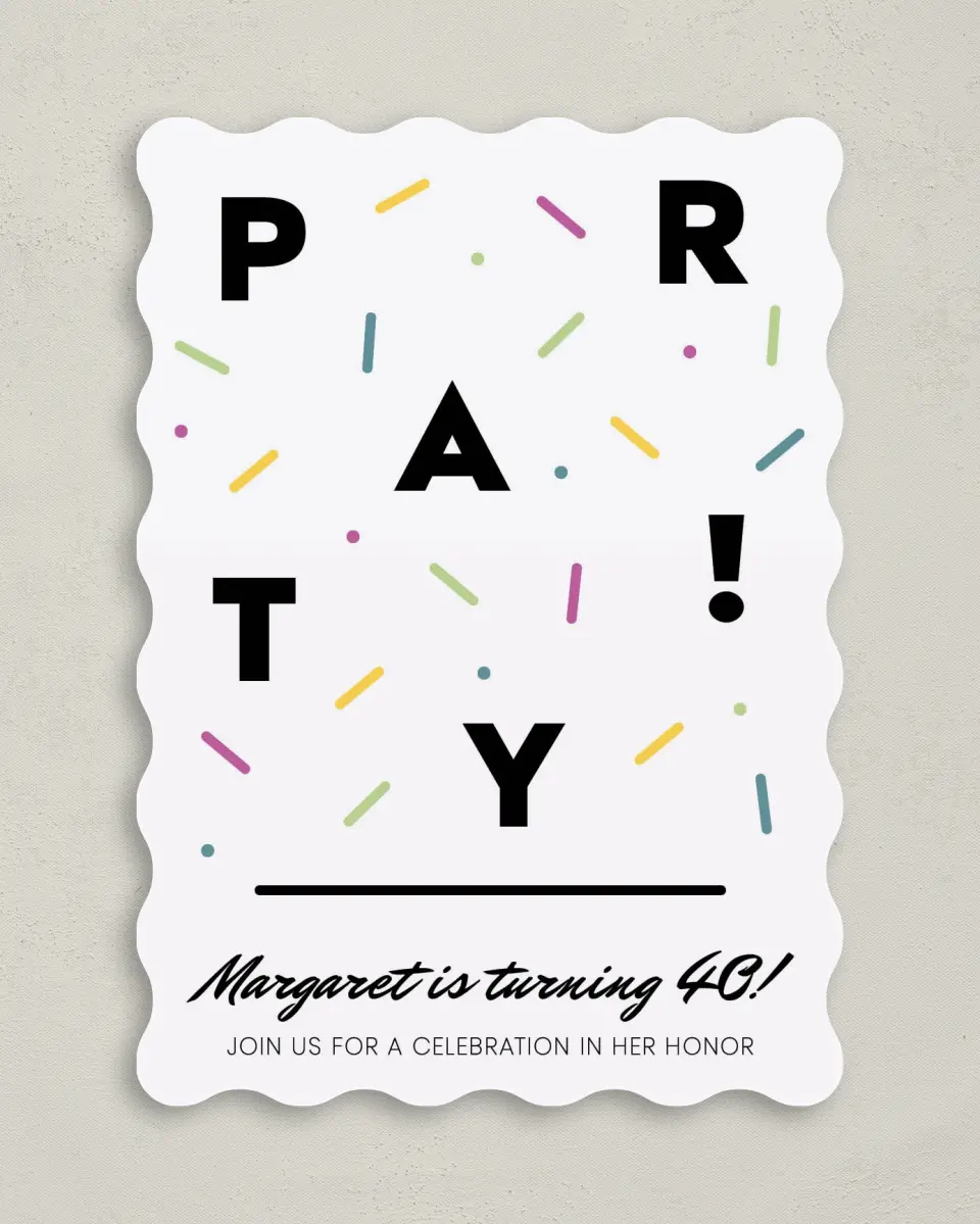 This is a 5" x 7" Birthday Party Invitation called Par-Tay! printed in full color on Premium Smooth paper