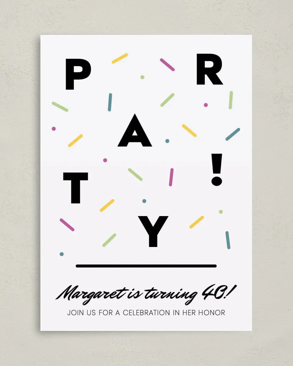 This is a 5" x 7" Birthday Party Invitation called Par-Tay! printed in full color on Premium Smooth paper