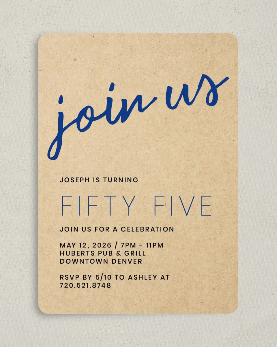 This is a 5" x 7" Birthday Party Invitation called Urban Party printed in full color with Gold foil on Luxe Satin (coated) paper