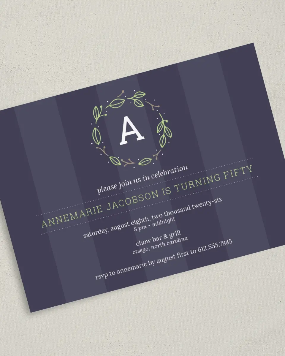 This is a 5" x 7" Birthday Party Invitation called Formal Fifty printed in full color on Premium Smooth paper