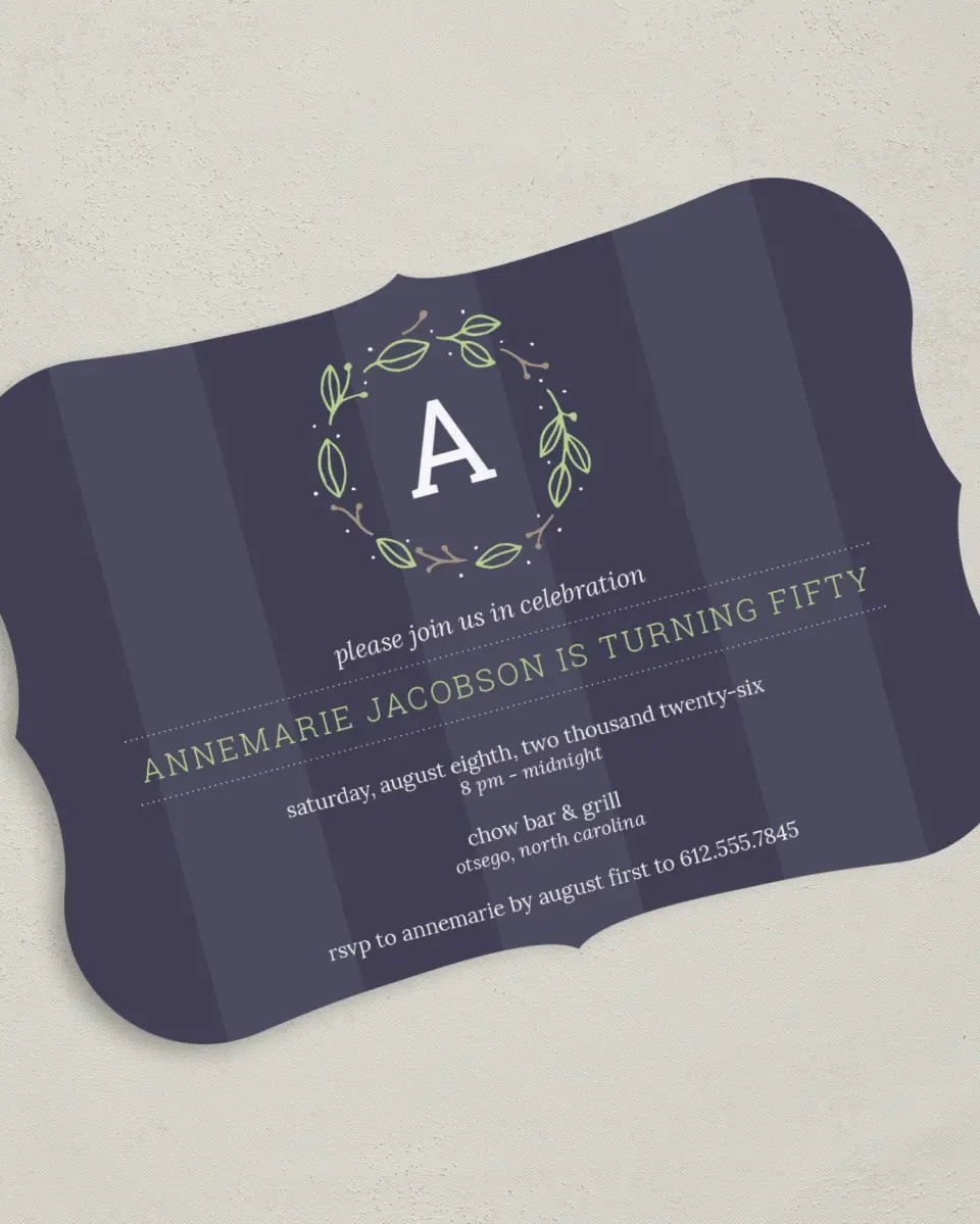 This is a 5" x 7" Birthday Party Invitation called Formal Fifty printed in full color with Gold foil on Luxe Satin (coated) paper