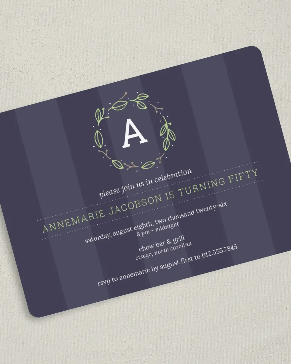 This is a 5" x 7" Birthday Party Invitation called Formal Fifty printed in full color with Gold foil on Luxe Satin (coated) paper