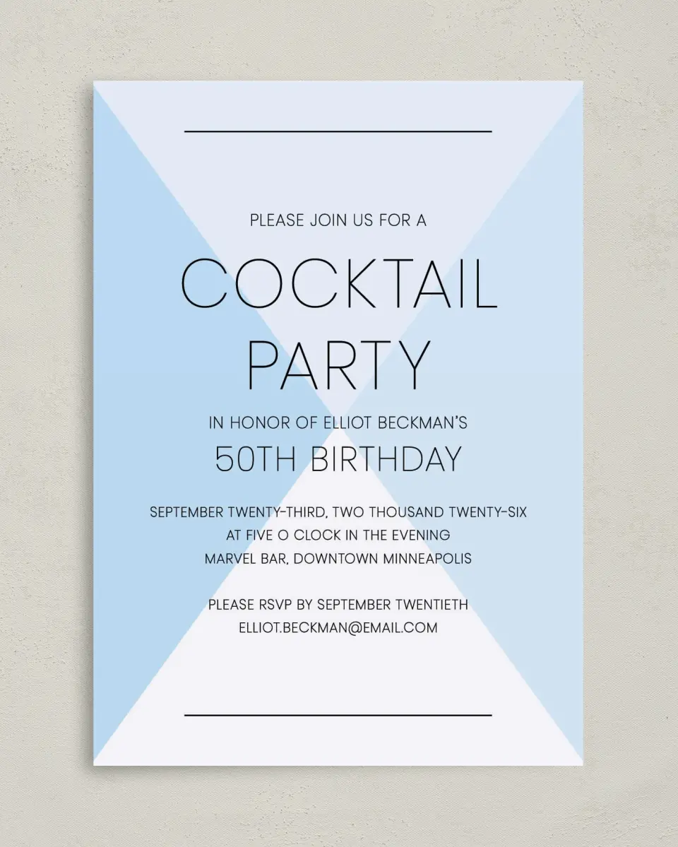 This is a 5" x 7" Birthday Party Invitation called Cocktail Time printed in full color on Premium Smooth paper