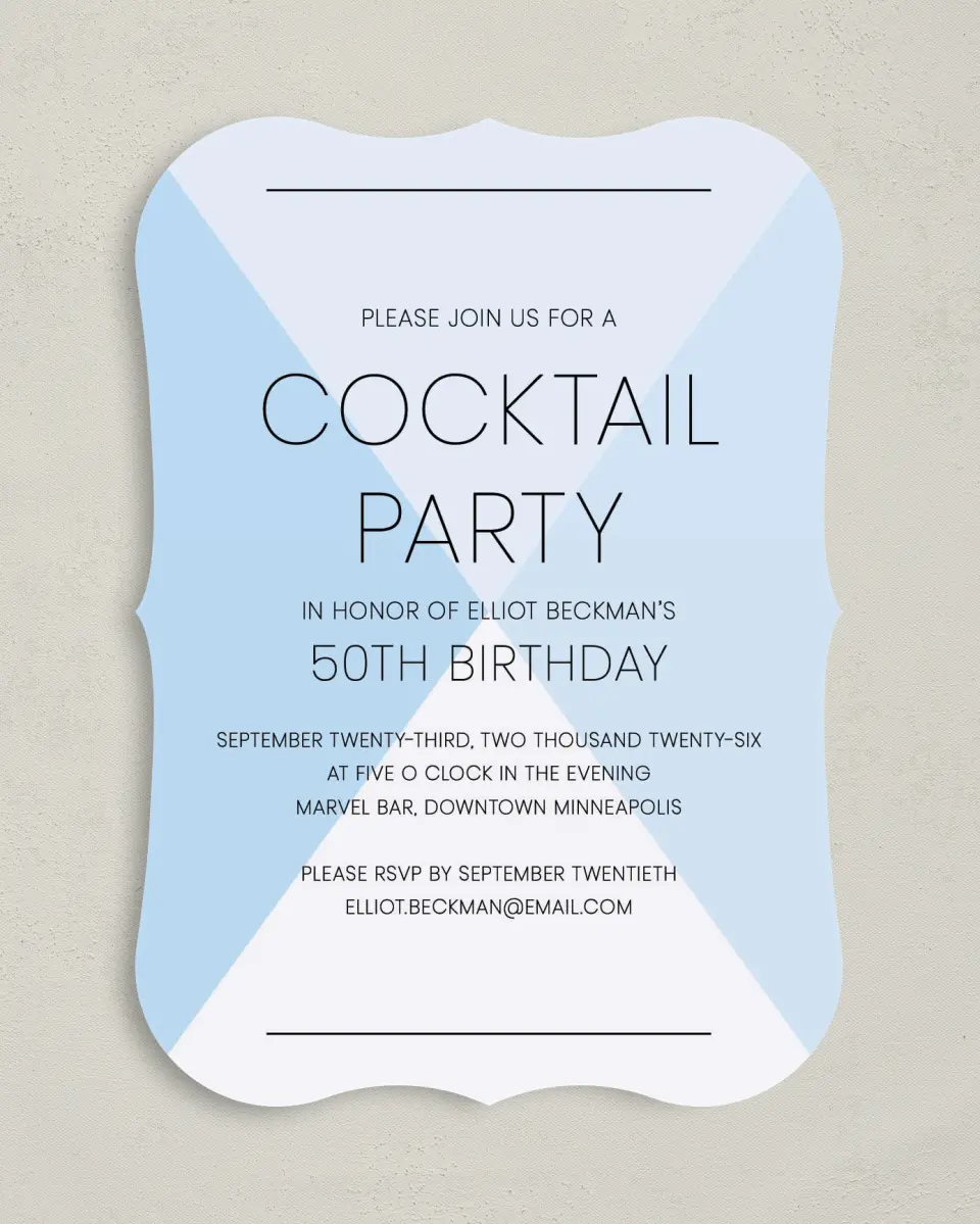 This is a 5" x 7" Birthday Party Invitation called Cocktail Time printed in full color with Gold foil on Luxe Satin (coated) paper
