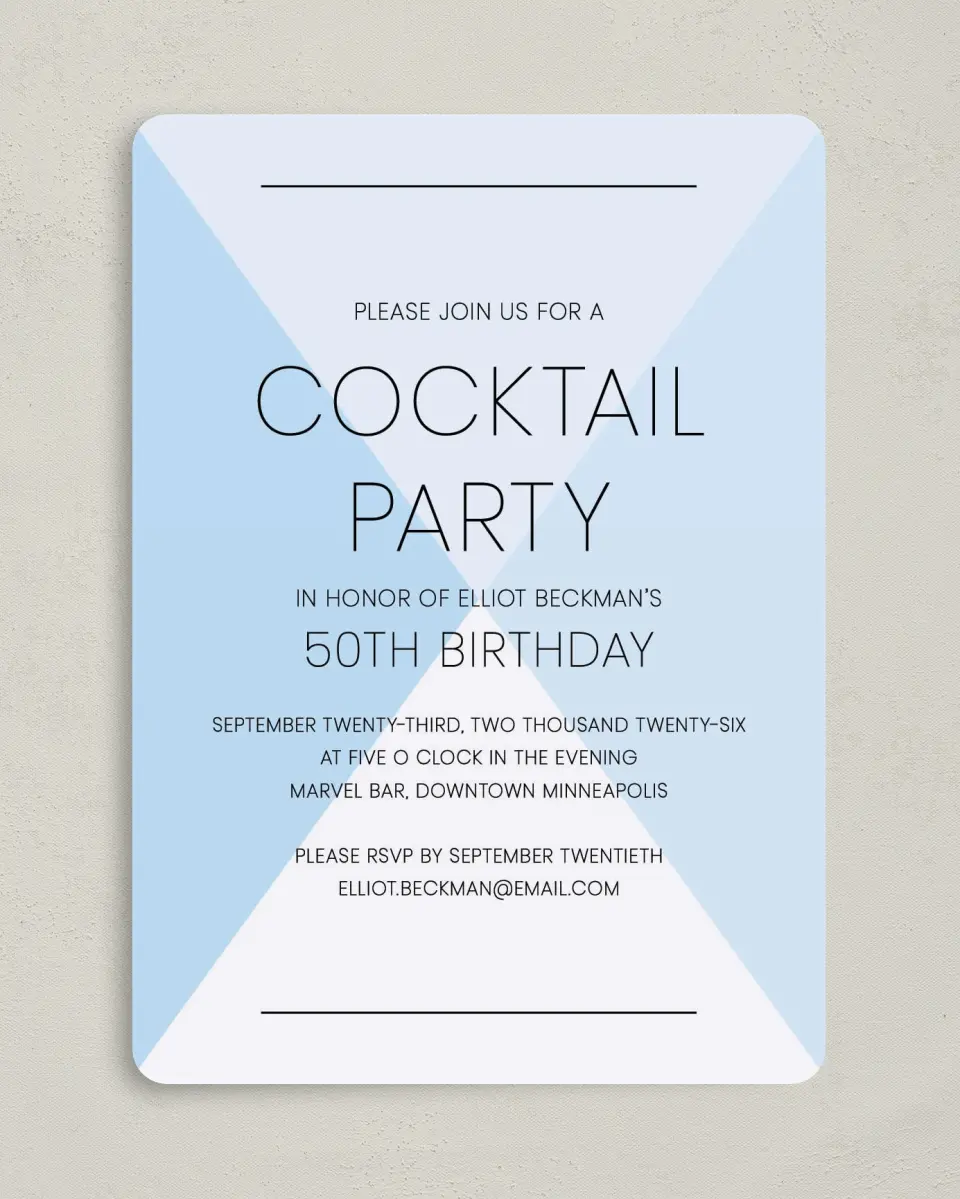 This is a 5" x 7" Birthday Party Invitation called Cocktail Time printed in full color on Premium Smooth paper