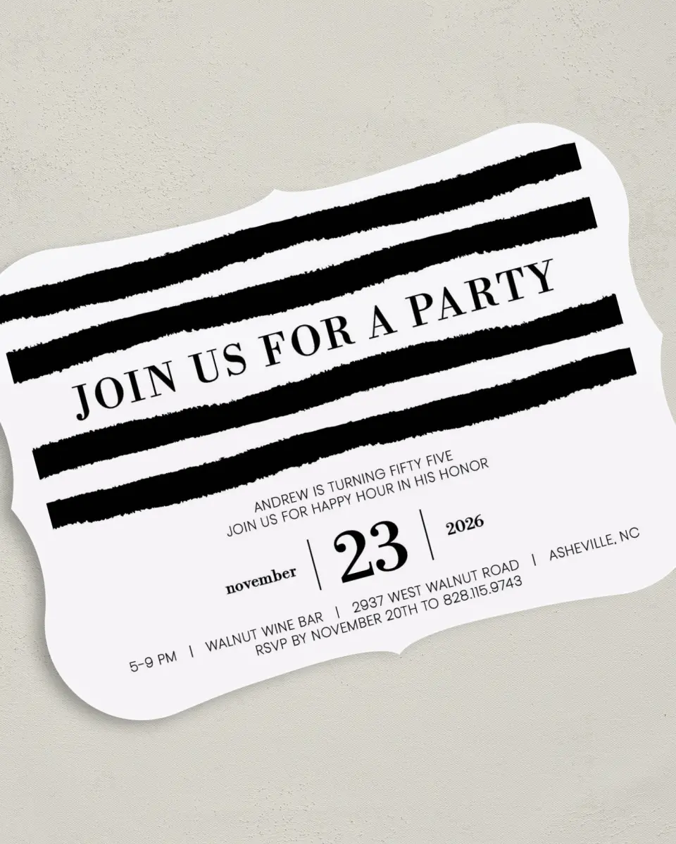 This is a 5" x 7" Birthday Party Invitation called Party Stripes printed in full color with Gold foil on Luxe Satin (coated) paper