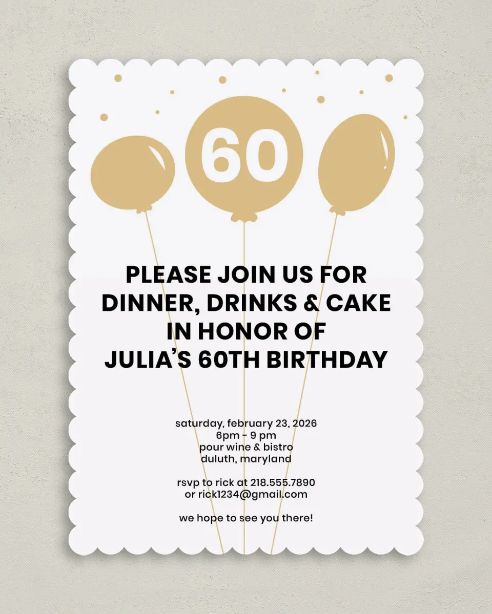 This is a 5" x 7" Birthday Party Invitation called Sixty Wishes printed in full color on Premium Smooth paper